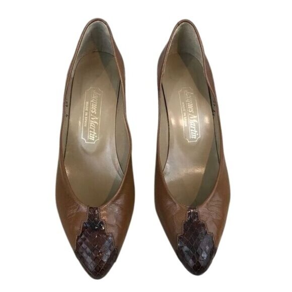 Vintage Jacques Martin Brown Leather Pumps Croc Embossed Toe Size 8 Low Heels - Picture 2 of 8